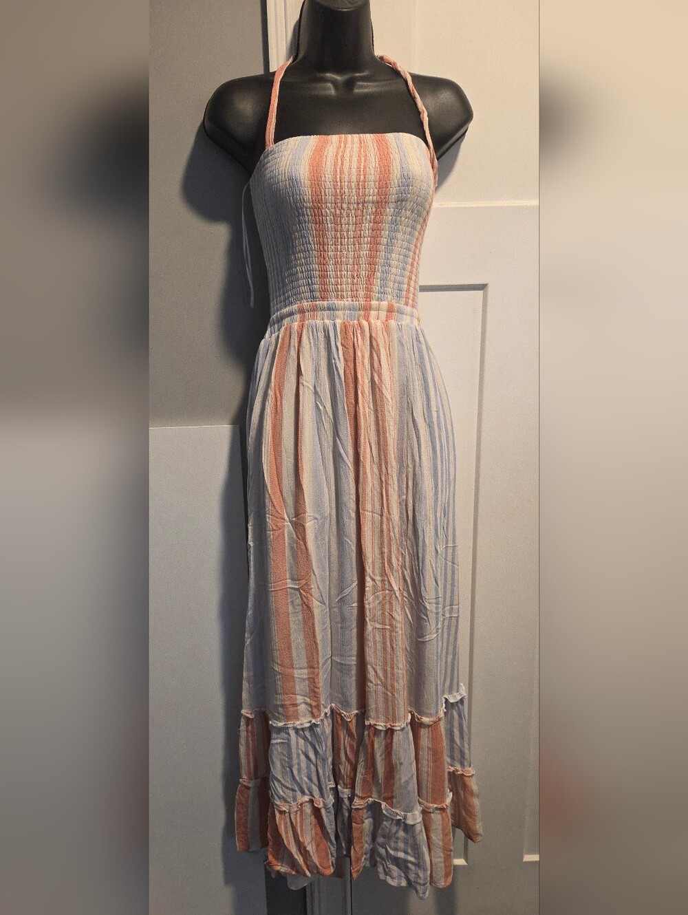 Miss Avenue Peach & White Striped Smocked Halter Maxi Dress